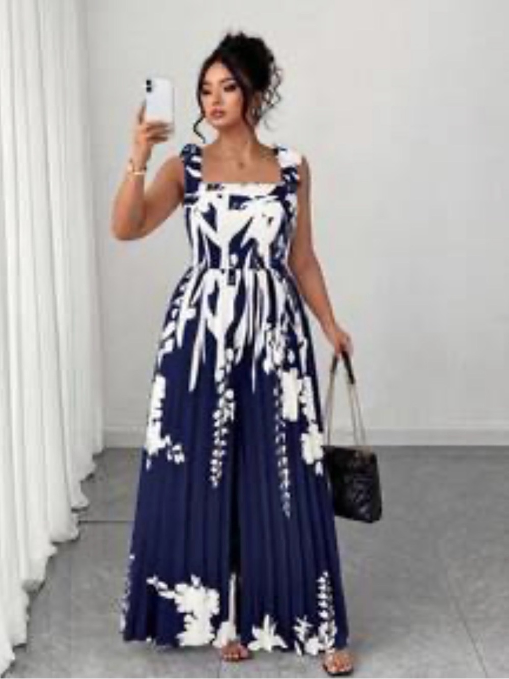 Navy Floral Tie-Shoulder Pleated Maxi Dress - Women